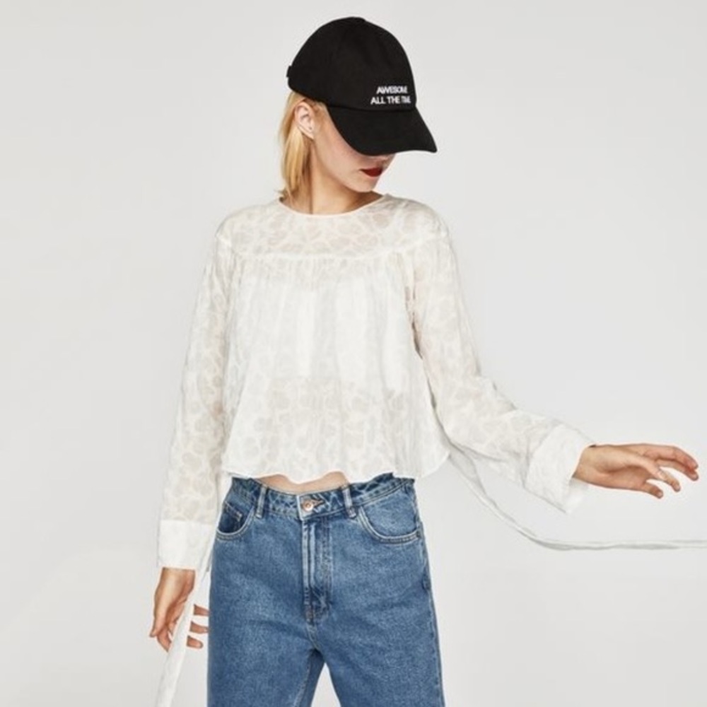 Zara White Cherry Embossed Tie Back Top S